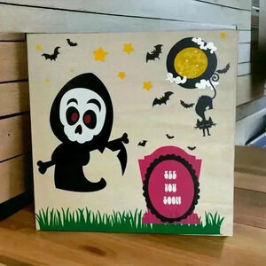 Handmade Halloween Wooden Sign Featuring Grim Reaper, Tombstone, Moon, a…